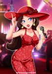  1girl 2d bare_shoulders blue_eyes bracelet brown_hair caucasian cleavage coconcrash dress earrings female female_only hat long_hair mario_(series) microphone nintendo non-nude painted_nails pauline red_dress red_hat red_lipstick red_nails solo super_mario_odyssey tight_clothing tight_dress 