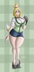 animal_crossing anthro anthrofied big_breasts breasts canid canine canine_humanoid doubutsu_no_mori female furry hair_tie humanized isabelle_(animal_crossing) jingle_bell mammal nintendo ponytail secretary shih_tzu shizue_(doubutsu_no_mori) solo takilmar thick_ass thick_legs thick_thighs yellow_fur
