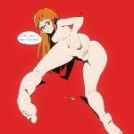  1_girl 1girl anus ass barefoot cum cum_drip eyebrows eyelashes female_only flou futaba_sakura glasses headphones human looking_at_viewer nude persona persona_5 presenting presenting_pussy pussy red_background solo_female solo_focus speech_bubble testicle text video_games 