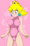  1girl 2d blonde_hair blue_eyes blush cameltoe caucasian cleavage crown earrings embarrassed erect_nipples female female_only impossible_clothes impossible_leotard lastlevel leotard pink_leotard pink_lipstick ponytail princess_peach solo standing 