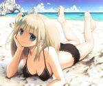 1girl barefoot beach bikini blonde_hair breasts chin_rest cleavage feet female gif green_eyes long_hair looking_at_viewer lying nemutai_(fsn19123) on_stomach original sand side_ponytail sky smile soles solo swimsuit toe_scrunch toes water