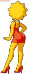  1girl aged_up ass back_view bare_shoulders big_ass blonde_hair dress female_focus female_solo habbodude hand_on_own_hip high_heels jewelry lisa_simpson long_legs necklace pearl_necklace red_dress sexy short_dress short_hair simple_background the_simpsons wide_hips 