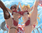  2_girls absurd_res armpits ass bay_(nikke) big_breasts black_hair blonde_hair blue_sky breast_press breasts cheerleader clay_(nikke) closed_eyes cloud curvy goddess_of_victory:_nikke high_res holding_hands huge_ass leg_lift long_hair miniskirt multicolored_hair multiple_girls navel panties pom_pom_(cheerleading) red_eyes red_hair shiny_skin skirt sky standing standing_on_one_leg stockings stomach thigh_strap thighs thong torn_clothes torn_thighhighs two-tone_hair under_boob underwear voidmakerz white_panties 