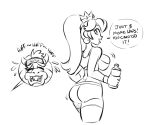  ass big_breasts bowser breasts crown earrings funsexydragonball headband looking_at_viewer looking_back mario_(series) monochrome ponytail princess_peach speech_bubble sports_bra sports_shorts super_mario_bros water_bottle wristband 