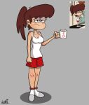 1girl aged_up autart boxers breasts clothed coffee_mug lynn_loud nickelodeon older sleeveless_shirt standing the_loud_house