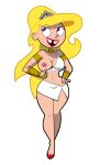 1girl atomictiki blonde_hair blue_eyes breasts cartoon_network eris_(billy_&amp;_mandy) flashing_breasts hand_on_hip lipstick long_hair looking_up naughty_face nipples red_shoes solo_female the_grim_adventures_of_billy_and_mandy tiara tooth_gap top_lift white_background