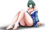  1girl ahoge alluring bare_legs bare_shoulders blush bra cameltoe dead_or_alive dead_or_alive_6 dead_or_alive_xtreme dead_or_alive_xtreme_venus_vacation full_body green_eyes green_hair japanese_clothes jmata kimono mole mole_under_eye multicolored_hair panties red_bra red_panties sitting streaked_hair tagme tamaki_(doa) tecmo toes underwear white_background 
