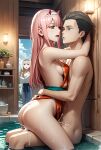  1boy 2_girls arms_behind_head ass brown_hair cheating cheating_husband cowgirl_position cum cum_in_pussy darling_in_the_franxx kokoro_(darling_in_the_franxx) mitsuru pink_hair 