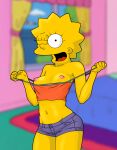 1girl aged_up bare_midriff bare_shoulders blonde_hair evilweazel female_focus high_res lisa_simpson navel nipples one_eye_closed open_mouth presenting_breasts sexually_suggestive shirt short_hair short_shorts shorts small_breasts spiky_hair suggestive_pose tank_top the_simpsons white_shirt window yellow_skin younger_female 