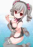  1girl ass bakutendou bikini bow breasts butt_crack cleavage detached_collar drill_hair elbow_gloves feet female frilled_legwear from_above gloves grey_hair grey_legwear hair_bow hairband huge_ass idolmaster idolmaster_cinderella_girls kanzaki_ranko lolita_hairband long_hair no_shoes popsicle red_eyes sitting soles solo swimsuit thick_thighs thighhighs thighs toes tsurime twin_drills twintails wariza water 