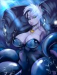 1girl 2016 angelbreed animal_humanoid big_breasts breasts bubble cecaelia cephalopod cephalopod_humanoid coleoid disney eel fangs female fish flotsam glowing glowing_eyes green_eyes group hair high_res humanoid hybrid jetsam jewelry looking_at_viewer marine marine_humanoid mollusk mollusk_humanoid moray_eel navel necklace octopodiform open_mouth pseudo_clothing red_eyes teeth tentacle the_little_mermaid underwater ursula water white_hair