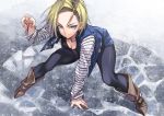  1girl android_18 black_legwear blonde_hair blue_eyes boots breasts cleavage dragon_ball dragon_ball_z earrings female hair jacket jewelry looking_at_viewer matsuryuu pantyhose short_hair smile solo 