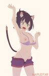  1girl 1girl 1girl animal_ears armpits artist_name black_hair black_panties black_thong black_underwear bra breasts breasts_out_of_clothes cat_ear cat_girl cat_tail clothing cowboy_shot eyebrows_visible_through_hair fangs female_only fingernails green_eyes hair_between_eyes high_resolution kyaru_(princess_connect!) long_fingernails long_hair looking_at_viewer maplestar medium_breasts navel nekomimi nipples nude nude_female one_arm_up open_mouth open_shorts panties ponytail princess_connect! purple_bra purple_shorts purple_underwear short_shorts shorts simple_background standing tail thighs thong tied_hair underwear wardrobe_malfunction white_background 