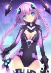  1girl backlighting bangs blue_eyes blush braid breasts breasts_apart choujigen_game_neptune cleavage cleavage_cutout compile_heart cowboy_shot daiaru female floating_object gloves glowing gradient gradient_background hair_ornament head_tilt holding idea_factory leotard long_hair looking_at_viewer magical_girl neon_trim neptune_(choujigen_game_neptune) neptune_(series) purple_hair purple_heart serious solo thigh_gap thighs turtleneck twin_braids vambraces very_long_hair 