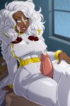  1boy 1girl aeolus big_breasts breasts clothed clothed_female comic_book_character cosplay dark-skinned_female dark_skin empty_eyes female_focus high_res interracial leaning_back light_blush long_hair male male/female marvel mature mature_female mutant_(marvel) nipple_bulge ororo_munroe penis penis_between_legs penis_between_thighs red_lipstick sitting_on_person smile storm_(x-men) superheroine tagme teeth_showing thick_thighs thigh_sex thighjob white_eyes white_hair x-men x-men:_the_animated_series 
