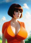  1girl ai_generated alternate_breast_size big_breasts bob_cut breasts bulging_breasts cleavage clothed_female female_focus female_only glasses hanna-barbera high_res looking_at_viewer nai_diffusion realistic scooby-doo short_hair solo_female solo_focus stable_diffusion tagme teen upper_body velma_dinkley 