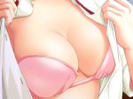 1girl aozora_tsugumi bra breasts cleavage close-up female game_cg hands head_out_of_frame lingerie mochizuki_nozomu mome!_chichi_shimai_katei_kyoushi_11nin open_clothes open_shirt pink_bra shirt solo underwear white_shirt 