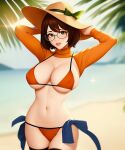  1girl ai_generated big_breasts bikini bikini_top breasts brown_hair cleavage clothed_female curvaceous curvy_female curvy_figure erect_nipples female_focus female_only glasses hanna-barbera hat looking_at_viewer nai_diffusion navel nipple_bulge scooby-doo short_hair solo_female solo_focus stable_diffusion sun_hat tagme teen thong velma_dinkley voluptuous_female 