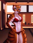  1girl 2022 abs anthro aozee athletic athletic_female black_nose black_pupils bra breasts digital_media_(artwork) dreamworks feline furry furry_female furry_only inside kung_fu_panda looking_at_viewer mammal master_tigress orange_body orange_eyes panties pulling_down_panties red_bra red_panties standing striped_body tagme tail thick_thighs tiger white_body white_sclera 