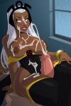  1boy 1girl aeolus areola big_breasts breasts clothed clothed_female comic_book_character cosplay cum dark-skinned_female dark_skin empty_eyes high_res interracial leaning_back leotard light_blush long_hair male male/female marvel mature mature_female mutant_(marvel) nipples ororo_munroe penis penis_between_legs penis_between_thighs red_lipstick sitting_on_person smile stockings storm_(x-men) superheroine tagme teeth_showing thick_thighs thigh_sex thighjob white_eyes white_hair x-men x-men:_the_animated_series 