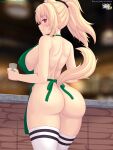  1girl animal_ears apron ass bangs big_breasts blonde_hair blurry blurry_background blush breastista breasts cat_girl cat_tail clothing cowboy_shot cup depth_of_field drinking_glass green_apron hadaka_apron high_resolution iced_latte_with_breast_milk_(meme) legwear long_hair looking_at_viewer naked_apron nekomimi nottytiffy open_mouth orange_eyes original original_character ponytail sideboob sidelocks smile stockings tail tied_hair tiffy_(nottytiffy) under_boob underbutt watermark white_legwear 