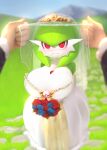  1boy 1girl big_breasts blurry_background blush bouquet breasts bride busty cleavage clothed clothing depth_of_field female female_focus first_person_view flower flowers fully_clothed game_freak gardevoir gen_3_pokemon green_body green_hair green_skin groom hair huge_breasts human human_pov humanoid interspecies light-skinned_male light_skin male male_pov multicolored_body multicolored_skin mystical nintendo outside plantpenetrator poke_ball pokemon pokemon_(species) pokephilia pov pov_hands premier_ball red_eyes smile standing two_tone_body two_tone_skin veil wedding wedding_dress wedding_veil white_body white_skin wholesome 