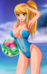 alien arm_up armpits ball big_breasts blonde_hair blue_eyes breasts casual_one-piece_swimsuit cleavage eyes highres long_hair metroid metroid_(creature) navel nintendo objectification ocean one-piece_swimsuit ponytail samus_aran see-through sigurdhosenfeld swimsuit toned zero_suit
