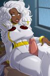  1boy 1girl aeolus big_breasts breasts clothed clothed_female comic_book_character cosplay dark-skinned_female dark_skin empty_eyes female_focus high_res interracial leaning_back light_blush long_hair male male/female marvel mature mature_female mutant_(marvel) nipple_bulge ororo_munroe penis penis_between_legs penis_between_thighs red_lipstick sitting_on_person smile storm_(x-men) superheroine tagme teeth_showing thick_thighs thigh_sex thighjob white_eyes white_hair x-men x-men:_the_animated_series 