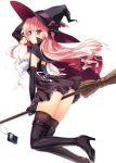 1girl boots breasts broom broom_riding cape cover_image elbow_gloves female gin_no_cross_to_draculea gloves hair_ribbon hand_on_hat hand_on_headwear hat hat_ribbon high_heels long_hair pink_hair red_eyes ribbon rushella_dam_draculea shoes simple_background solo thigh_boots thighhighs white_background witch witch_hat yasaka_minato
