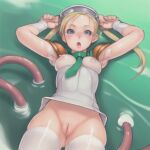 1girl ai_generated blonde_hair blue_eyes cammy_white female_only no_panties pussy street_fighter tentacle thighs tight wet_clothes