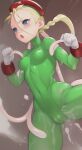 1girl ai_generated blonde_hair blue_eyes cammy_white female_only gloves red_hat simple_background squirting street_fighter tight