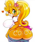  1girl anthro ass bandicoot big_ass big_breasts blonde breasts bubble_butt clothed coco_bandicoot crash_bandicoot_(series) curvy dat_ass exposed_ass eyelashes flower_in_hair from_behind furry green_eyes hair_over_one_eye huge_ass jeans long_hair looking_at_viewer looking_back mammal marsupial presenting round_ass sexy shirt sideboob slut smile standing teeth thick thick_thighs white_background whore wide_hips wink writing 