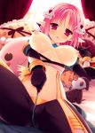  1girl :o alm bed blush breasts chain chains curtains female gloves hair_ornament looking_at_viewer lying minatsuki_alumi nipples no_bra on_back open_clothes pillow pink_eyes pink_hair pointy_ears ragnarok_online solo stuffed_animal stuffed_toy sunlight warlock_(ragnarok_online) 