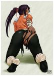  1girl all_fours anus ass ass_grab azasuke bleach censored dark_skin feet from_behind groping long_hair looking_back no_panties ponytail pubic_hair purple_hair pussy shihouin_yoruichi skin_tight smile solo torn_clothes yellow_eyes 