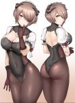 ass barely_visible_pussy big_breasts brown_hair chiyo_goya female_only guns_girlz_(series) honkai_impact honkai_impact_3 looking_at_viewer looking_back maid_outfit red_eyes rita_rossweisse short_hair stockings teasing thick_thighs