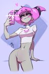 1girl 1girl 1girl bottomless crop_top dc_comics female_only grey_body grey_skin heart jinx looking_at_phone malcontentus phone pink_eyes pink_hair pussy shirt shirt_only solo_female taking_picture teen_titans white_shirt 