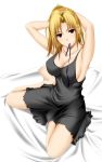  1girl adjusting_hair armpits arms_behind_head barefoot bed bed_sheet big_wednesday black_dress blonde_hair breasts collarbone dress feet female large_breasts mouth_hold red_eyes ribbon ribbon_in_mouth sitting solo yokozuwari 