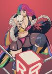  alluring asuka_(wrestler) asuka_(wwe) asuka_(wwe_diva) big_breasts breasts brown_eyes butcherboy cleavage commentary english_commentary facepaint holding holding_mask kanako_urai leg_lift looking_to_the_side mask midriff multicolored_hair navel off-shoulder_jacket off_shoulder plump thick_thighs thighs wwe 