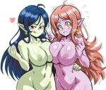  2_girls alternate_breast_size big_breasts big_breasts blue_hair blush breast_press breasts chronoa circlet cleavage commission commissioner_upload core_person demoness dragon_ball dragon_ball_heroes earrings goddess green_nipples green_skin hand_on_hip jewelry lewdamone licking_lips light_brown_hair long_hair looking_at_viewer multiple_girls nipples no_bra no_panties pink_skin pointy_ears potara_earrings power_of_time_unleashed red_eyes robelu_(dragon_ball) smile thick_thighs thighs tongue tongue_out voluptuous yellow_eyes yuri 