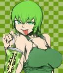  1girl 1girl 1girl checkered_background drinking drinking_water female_focus female_only foo_fighters foo_fighters_(stand) green_eyes green_hair green_overalls jojo&#039;s_bizarre_adventure no_bra no_underwear overalls short_hair solo_female solo_focus space_jin stone_ocean tongue tongue_out water 