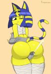  1boy 1girl animal_crossing ankha_(animal_crossing) ass ass_focus big_ass cat_girl cum ejaculation hetero holding human_on_anthro looking_at_penis looking_back male male/female nut one_eye_closed orgasm outercourse penis penis_between_thighs sweat tail thigh_sex thighs yellow_skin 
