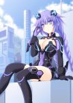  1girl arm_support bangs black_legwear blue_eyes blush bracer braid breasts building choujigen_game_neptune cleavage cleavage_cutout cloud compile_heart covered_navel cross_(crossryou) day female frown gloves hair_ornament hand_up headgear hips idea_factory large_breasts leotard long_hair looking_at_viewer magical_girl neon_trim neptune_(choujigen_game_neptune) neptune_(series) outdoors purple_hair purple_heart sideboob silhouette sitting sky skyscraper solo thighhighs turtleneck twin_braids very_long_hair 