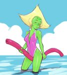  1girl animated areola breasts cartoon_network cleavage clothed female_only gem_(species) gif izra looking_at_viewer nipples nude one-piece_swimsuit partially_submerged peridot_(steven_universe) pink_swimsuit skinny_dipping steven_universe swimsuit wading water 