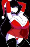  1girl atomickingboo big_breasts black_hair breasts christmas christmas_hat christmas_outfit cleavage female_only gloves goth green_eyes hat lindel_dollice_quilten long_hair oc red_panties santa_hat see-through see-through_clothes stockings thong white_skin 