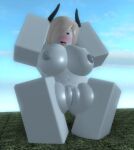  1girl 2018 big_breasts blue_nipples blue_pussy blue_skin blush breasts corliss female_only gray_hair grena grey_hair hair_over_one_eye horns nude pussy roblox squatting tongue_out 