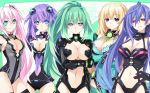  5_girls 5girls arm_grab art artist_request big_breasts bodysuit breasts choujigen_game_neptune cleavage female hand_on_hip large_breasts looking_at_viewer multiple_girls naughty_face serious smile very_long_hair 