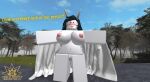 1girl 2018 big_breasts black_hair blush breasts english_text exposed_breasts exposed_pussy female_focus female_only grena horns looking_at_viewer nude pussy roblox serena_(grena) text tongue_out towel white_skin