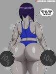  1girl 1girl back_view coldarsenal dat_ass dc_comics huge_ass large_ass lifting lifting_weights purple_hair rachel_roth raven_(dc) rear_view short_hair solo_female speech_bubble superhero superheroine sweat sweating sweaty_body teen_titans text thick_thighs tight_clothing tight_fit workout 