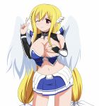  artist_request astraea blonde_hair blush breasts female long_hair miniskirt red_eyes skirt solo sora_no_otoshimono thighs wings wink 