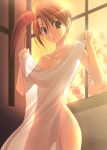  1girl bed_sheet breasts brown_eyes collarbone covering female groin holding naked_sheet nude nude_cover orange_hair original red_hair see-through sheets side_ponytail solo sunset takepon window 